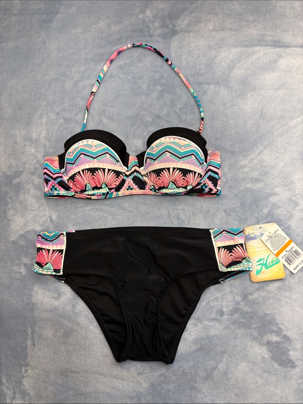 Hobie Black Bikini with Pink & Aqua Geometric Floral Print